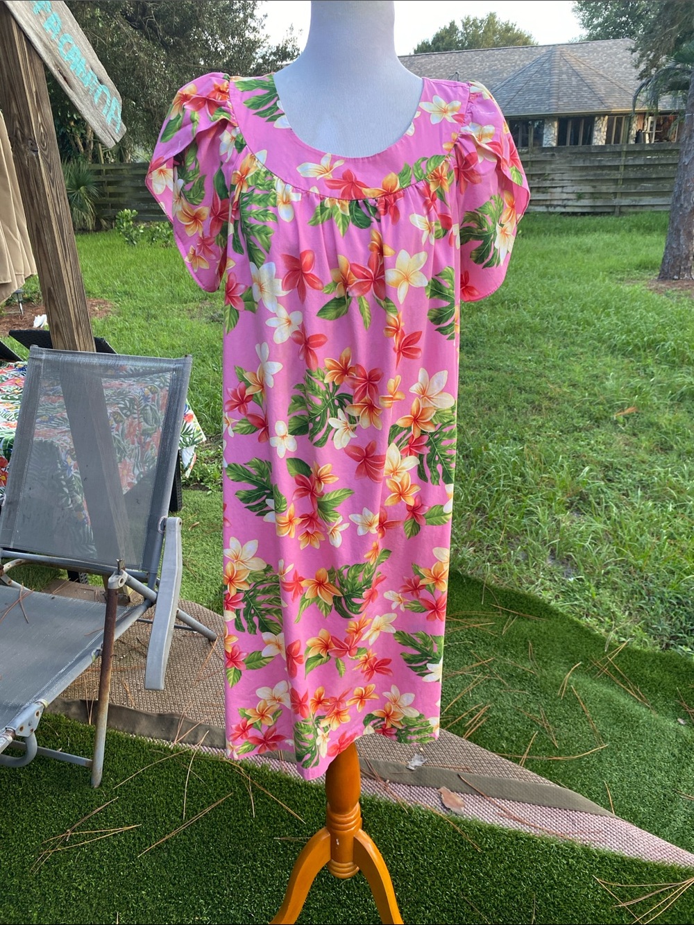 PUANINI Pink Floral Hawaiian Cotton Dress